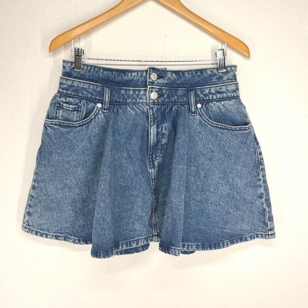 Scoop Womens High Waisted Denim Skirt Medium Wash Pleated Mini Size 6 90s Y2K